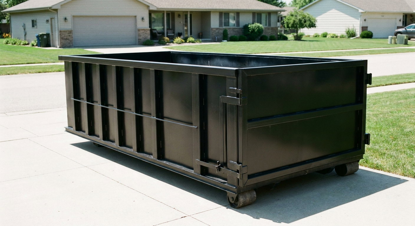 Matte-black 10-yard roll-off dumpster on a residential concrete driveway in Lavernia, uniformly painted matte black across every panel and rail, ribbed steel sidewalls and rear swing door visible, mid-day daylight.