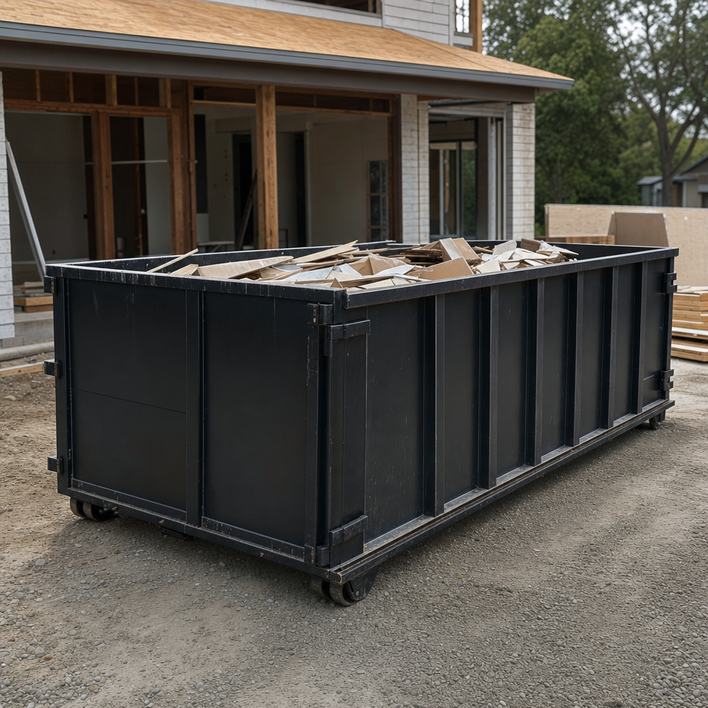 Large matte-black 30-yard construction roll-off dumpster at an active Lavernia jobsite, steel-gray top rails and bottom rollers visible, loaded with construction debris.