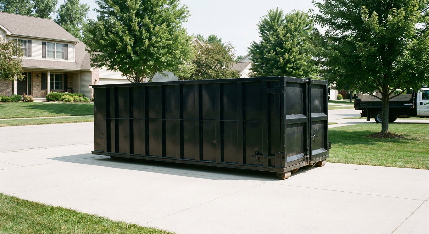 Matte-black 20-yard roll-off dumpster sitting level on a clean Lavernia residential concrete driveway under bright daylight, demonstrating clean placement directly on the concrete.