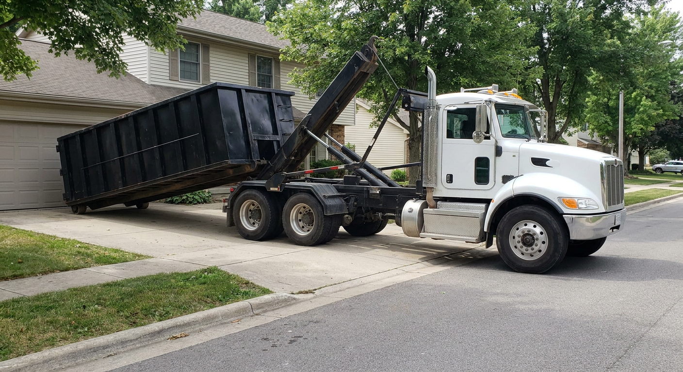 White-cab hooklift roll-off truck actively lowering a matte-black dumpster onto a Lavernia residential concrete driveway, the dumpster's rear wheels touching the driveway as the hoist arm tilts the bed forward, mid-morning daylight.