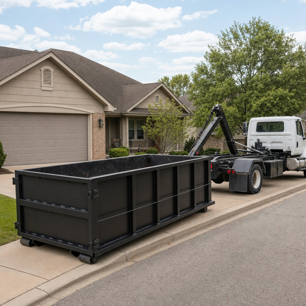 Wide documentary shot of a matte-black roll-off dumpster on a Lavernia residential driveway in the foreground and a contractor jobsite container in the soft-focus background, bright daylight, calm and orderly composition.